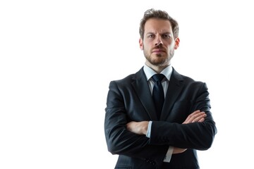 A professional man dressed in a suit and tie stands with his arms crossed, conveying confidence and authority