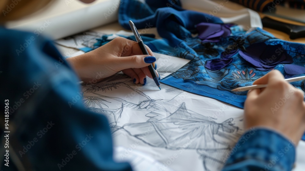 Poster a designer creates intricate patterns on fabric with detailed sketches during a creative session at 