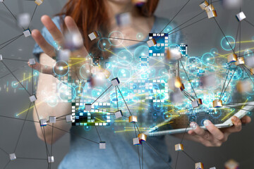 Neural network 3D illustration. Big data and cybersecurity
