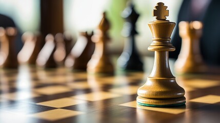 Close-up of a wooden chess piece on a chessboard. Perfect for illustrating strategy, games, and competition themes.