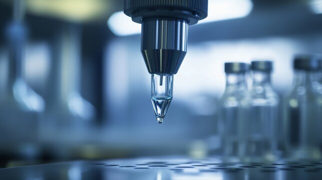 Close-up of a precision instrument dispensing a drop of liquid in a laboratory setting with glass vials in the background.