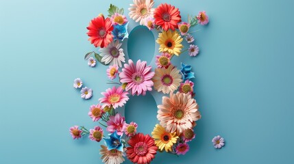 Floral design representing the number eight, set against a bright blue background