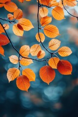 Obraz premium Orange autumn leaves hanging from tree branch