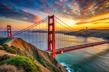 Ode to the Golden Gate: Iconic red bridge, rolling hills, blue water, sunset hues, evocative