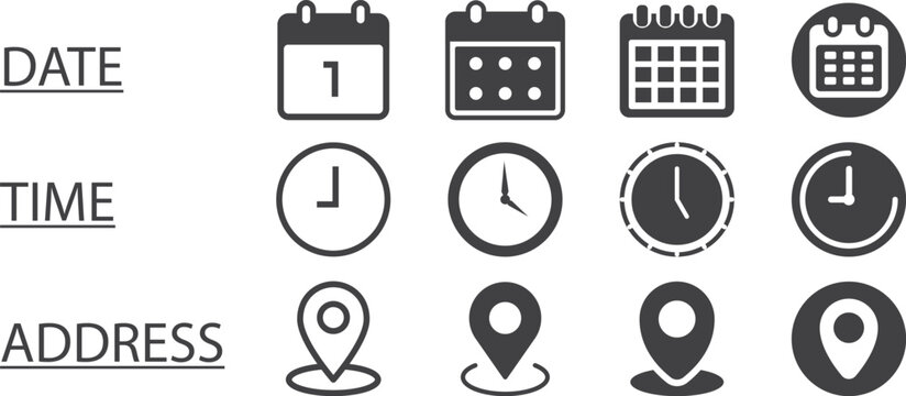 Date, Time, Address or Place Icons: Symbol -
Time, date and address or Place icon set. Clock, calendar, location pin. Vector illustration.