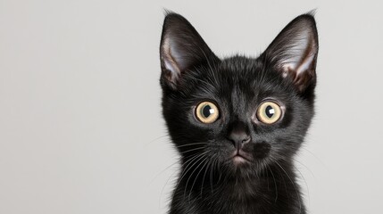 Obraz premium A close-up of a curious black kitten with striking yellow eyes, showcasing its playful and adorable personality.