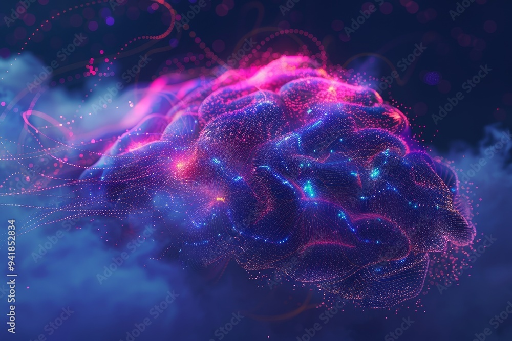 Poster a digital illustration of a brain with glowing neurons and data streams, representing innovation and