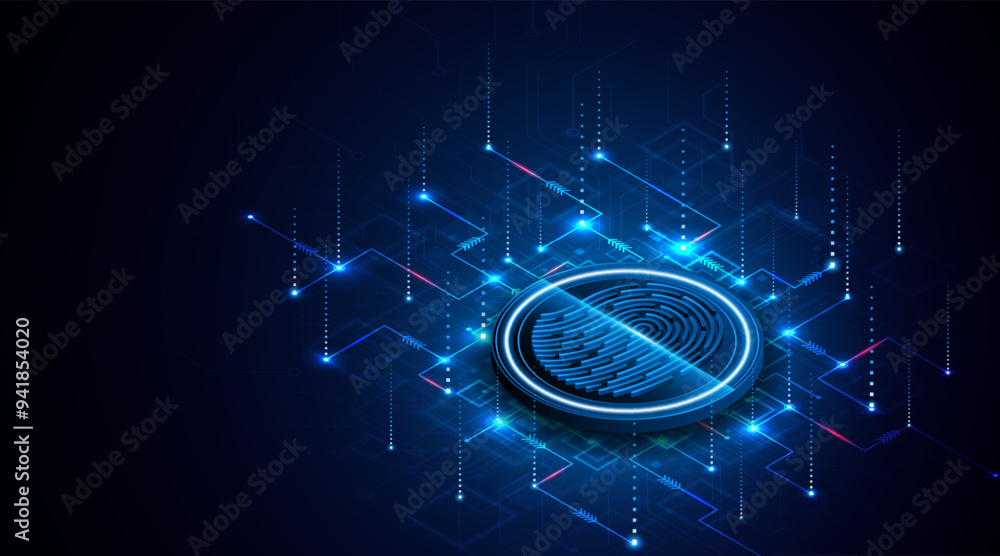 Poster abstract technology circuit board background. fingerprint scanning cybersecurity concept. modern tec