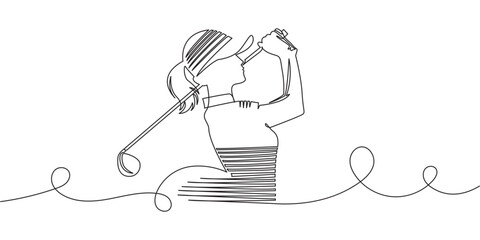 Continuous line drawing of a professional women golfer in golf ball hitting style eps 10