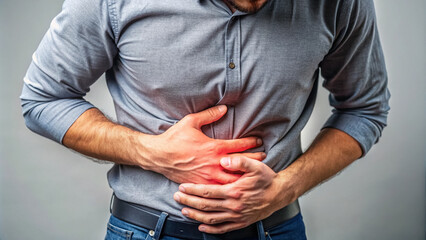 A young man suffering from abdominal pain. The man is bent over and holding his stomach with his hands
