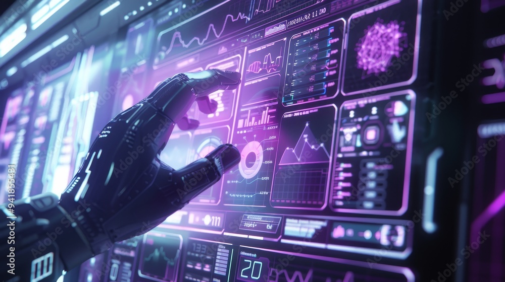 Poster a robotic hand navigates through a futuristic digital interface filled with vibrant data charts and 