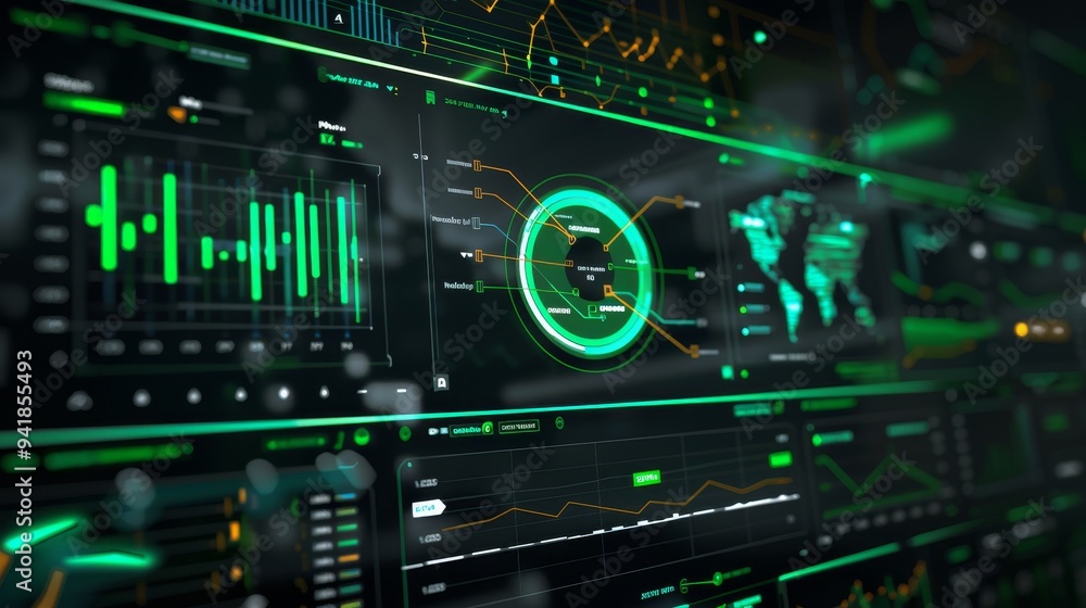 Poster an intricate display of data analytics on a dark-themed digital panel, accented with green and detai