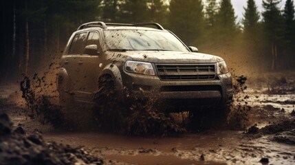 Obraz premium Off road suv car in muddy dirt track. Neural network ai generated art