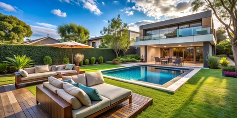 Fototapeta premium Modern Backyard Oasis with Pool and Patio Furniture, pool , patio , modern , backyard