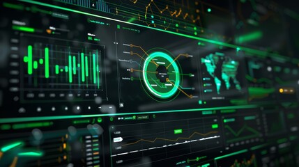 An intricate display of data analytics on a dark-themed digital panel, accented with green and detailed graphs.