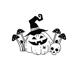 Linear vector illustration with a pumpkin for Halloween, fly agarics and a skull on a white background.