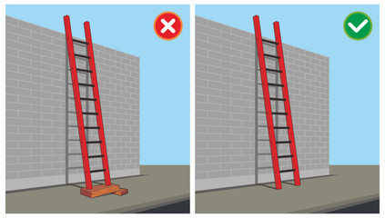 Do and do not comparison of straight ladder practice vector illustration. Not sturdy footrest. Safety standard for industrial, construction work.