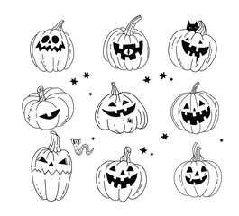 Black and white illustration in the form of a sieve with funny pumpkins for Halloween in doodle style