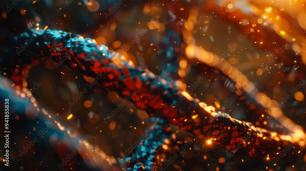 Poster a vibrant and fiery abstract image showcasing the complexity of dna strands in the forefront, symbol