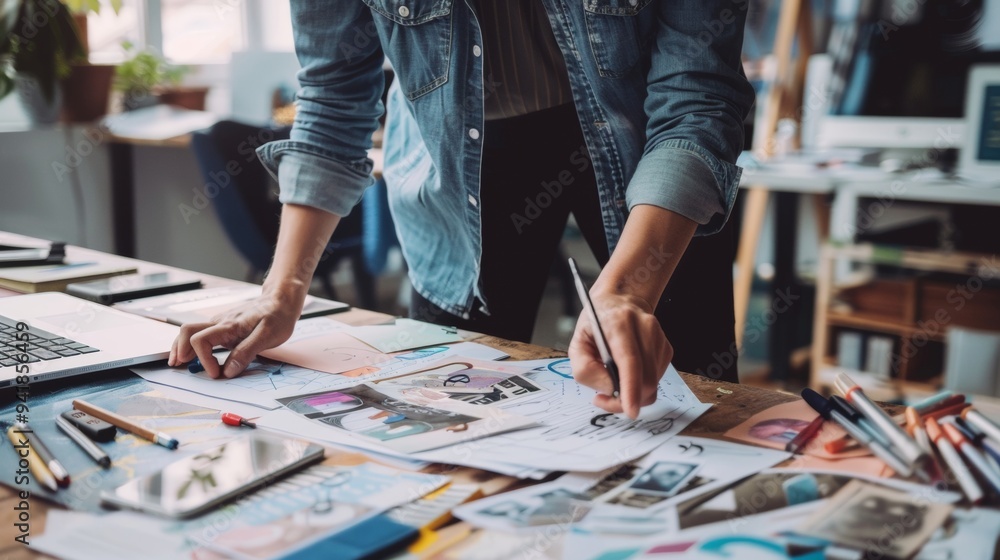 Poster creative workspace with a person sketching ideas and organizing designs on a cluttered desk during t