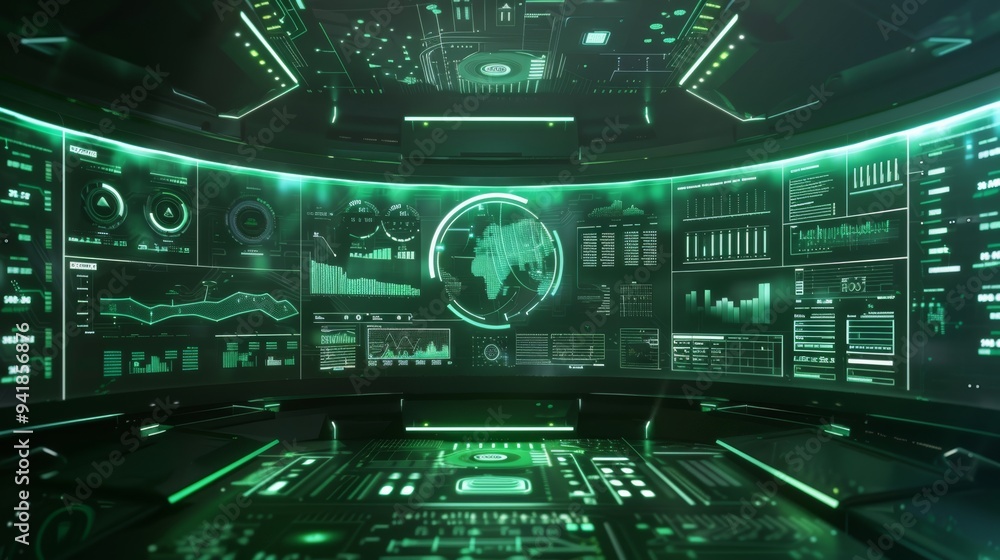 Poster futuristic control room with multiple high-tech screens showing complex data visualizations, glowing