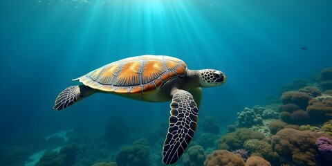 Aerial view of a giant sea turtle swimming gracefully in crystal-clear waters, showcasing its majestic shell and vibrant underwater surroundings.