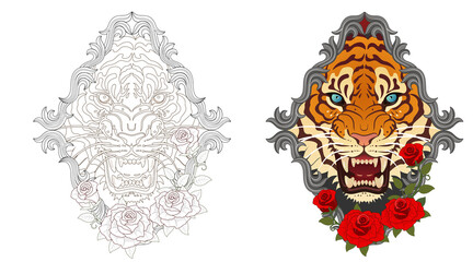 Obraz premium Tiger face tattoo design, Japanese style irezumi tattoo concept. Line artwork included 건대타투 타투달 호랑이 문신도안