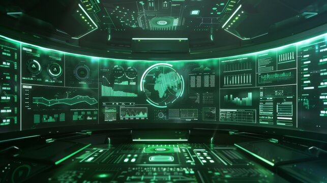 Futuristic control room with multiple high-tech screens showing complex data visualizations, glowing green in a dimly lit environment.