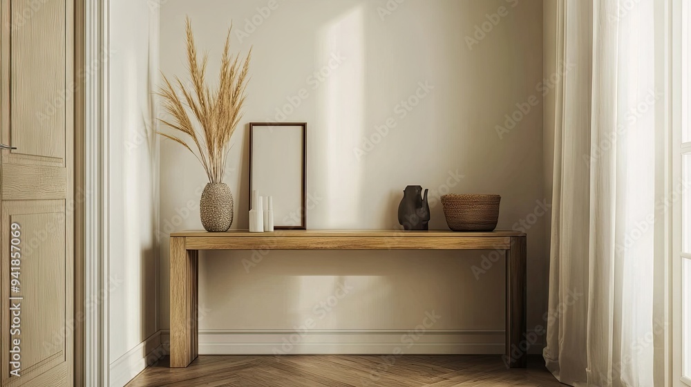 Poster detailed shot of a minimalist entryway with a sleek console table, a few decorative items, and a foc
