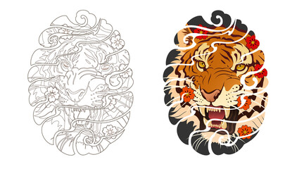 Tiger face tattoo design, Japanese style irezumi tattoo concept. Line artwork included 건대타투 타투달 호랑이 문신도안