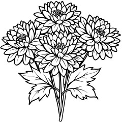 outline flower chrysanthemum, branch and leaves. Isolated on white background. Hand drawn. For floral design, prints, greeting card, textiles, invitations. 