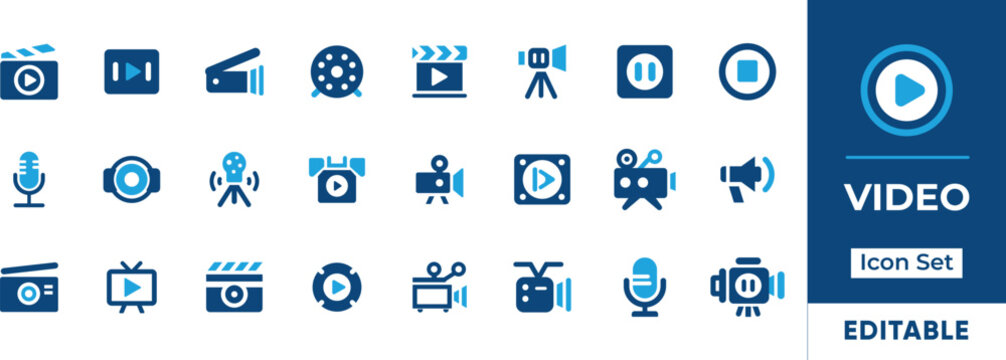 Video icon set. Editable icons include cinema, icon, live, multimedia, television, player, film, and media. Perfect for media players, video platforms, and presentations.