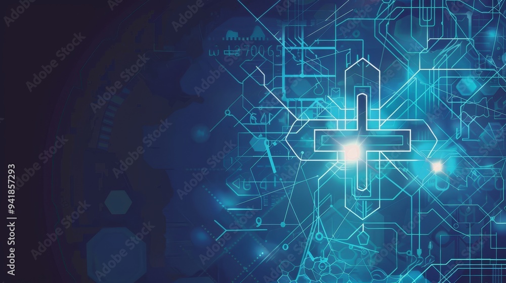 Poster An image portraying digital technology's complexity with visible circuits and connections, highlighted by a glowing cross symbol indicating health and connectivity.