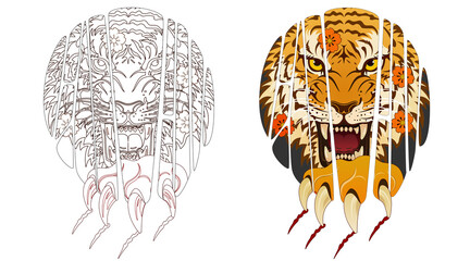 Tiger face tattoo design, Japanese style irezumi tattoo concept. Line artwork included 건대타투 타투달 호랑이 문신도안
