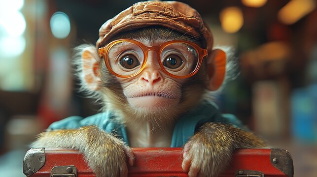 A cute monkey wearing glasses and a cap, looking directly at the camera, while sitting on a red suitcase.