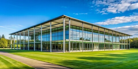 Naklejka premium Modern Glass Facade Reflecting Sky, Wide Shot, Blue Sky and Green Grass, Architecture, Landscape, Modern, Glass