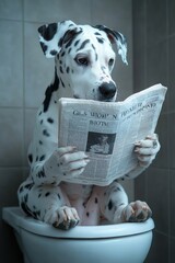 The dog is sitting on the toilet bowl and holding a newspaper.