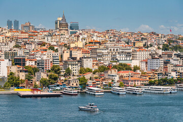 A panoramic view of Istanbul, showcasing the historic Galata Tower with the Bosphorus and city skyline in the background, bridging Europe and Asia.