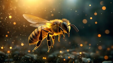 Naklejka premium A bee is flying in the air with its wings spread out