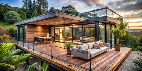 Obraz premium Modern Home with Deck overlooking Forest, Wide Angle Perspective, Wood, Glass, Mountains, Sunset, Modern Architecture