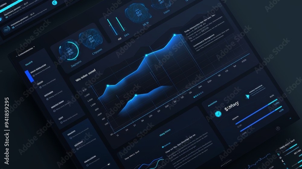 Poster a comprehensive data dashboard featuring line graphs, pie charts, and detailed metrics, ideal for bu