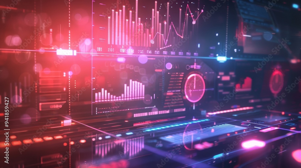 Poster a high-tech digital interface displaying various charts, graphs, and analytics in a vibrant, futuris