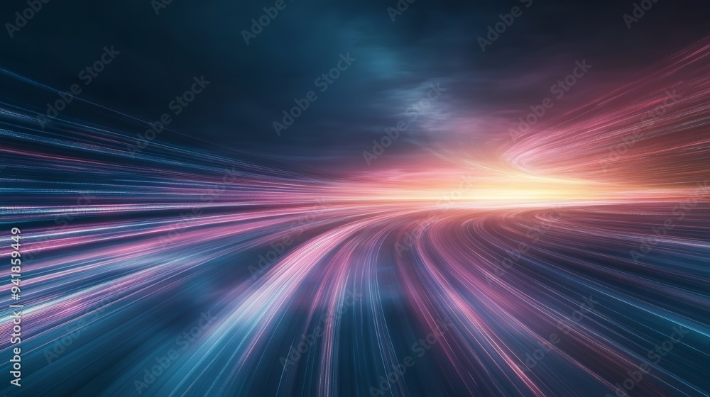 Poster a vibrant abstract image depicting dynamic light trails against a dark sky, creating a sense of spee