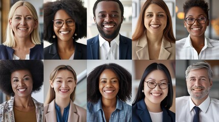 A diverse group of professionals in business attire smile warmly, reflecting teamwork and unity among various backgrounds and professions.