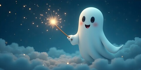A cute ghost playfully writing messages in the sky with a sparkling trail, surrounded by fluffy clouds and a bright blue backdrop, creating a whimsical and enchanting atmosphere.