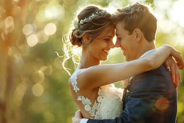 Obraz premium Happy young bride and groom celebrating marriage ceremony