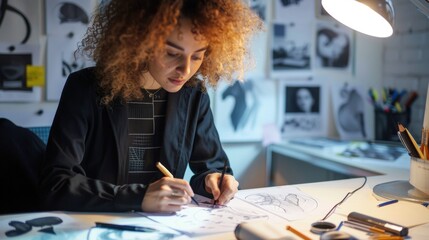 A young artist creating detailed sketches in a cozy studio filled with creative inspiration during the evening hours