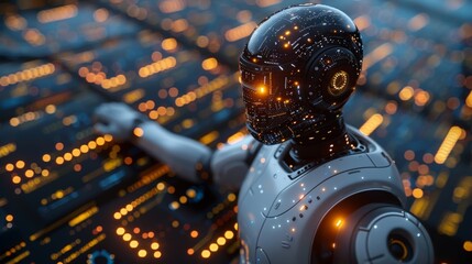Fototapeta premium A futuristic robot with glowing features interacts with a vibrant, tech-inspired backdrop in a dimly lit setting. Generative AI