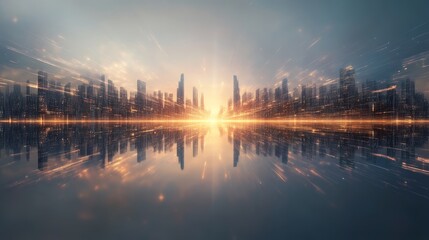 Fototapeta premium A futuristic city skyline reflecting in water at sunset, showcasing advanced architecture and vibrant colors.
