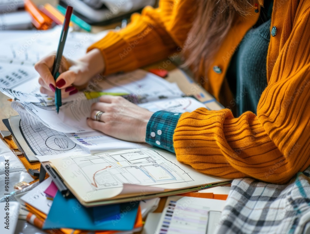 Poster a focused individual examines design plans and sketches during a creative brainstorming session at a